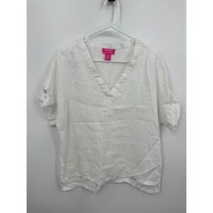 Isaac Mizrahi V-Neck Linen Blouse Women Size Medium White Roll Tab Sleeve Top